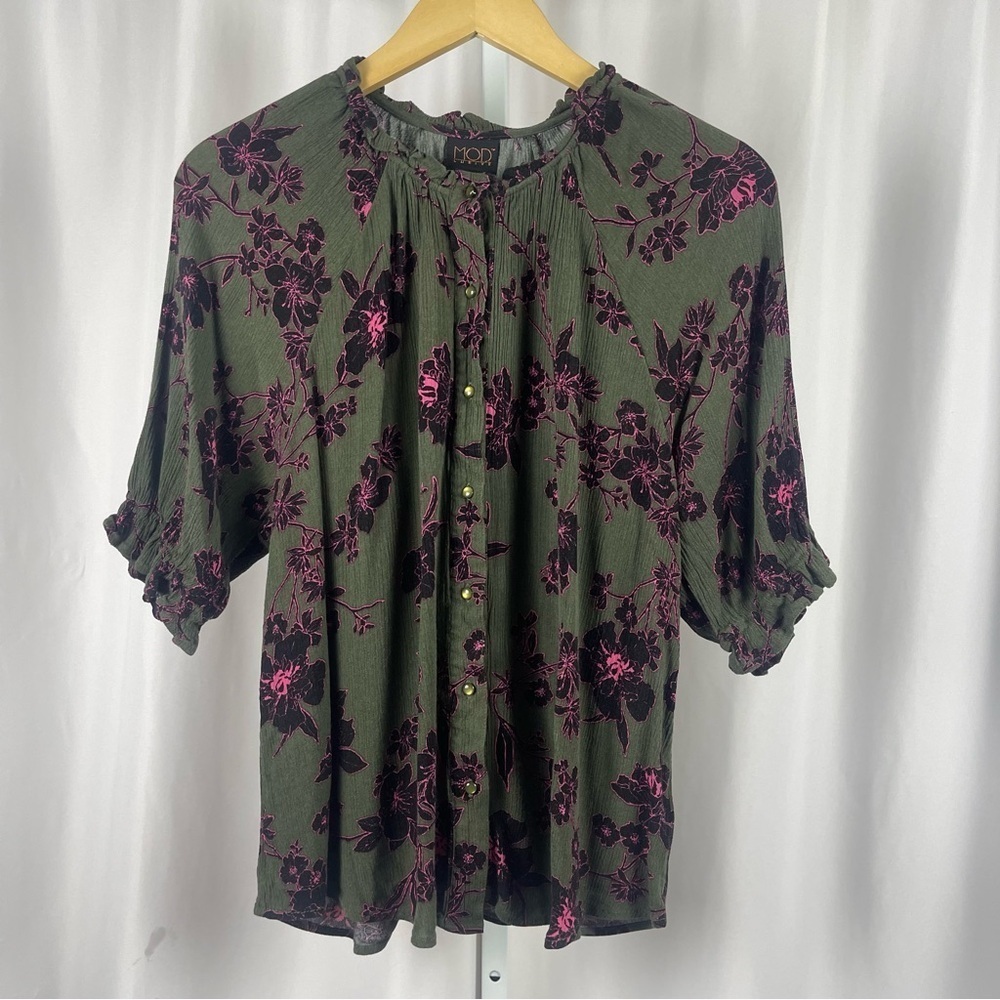 Mod Lusive Large Multicolored Blouse Puff Sleeves Mandarin Collar Retro Boho